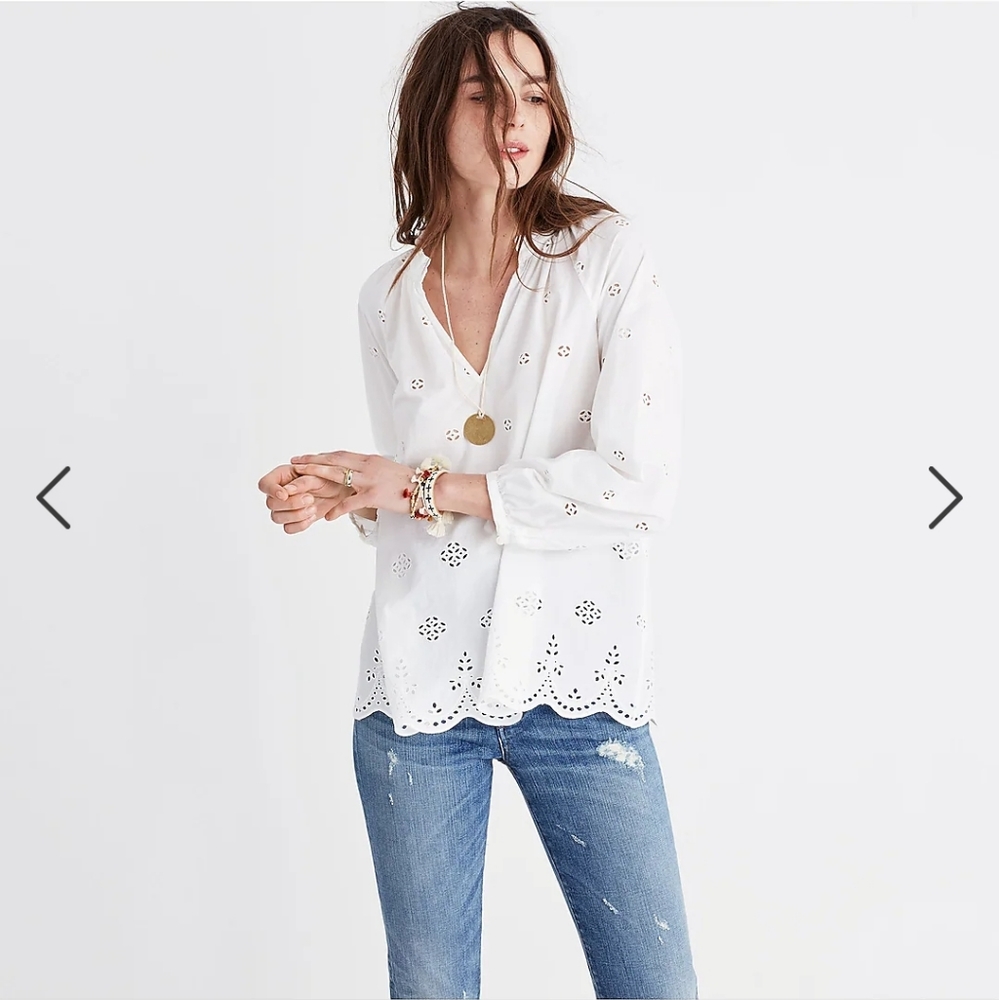 Madewell Eyelet Popover Top in White size Medium